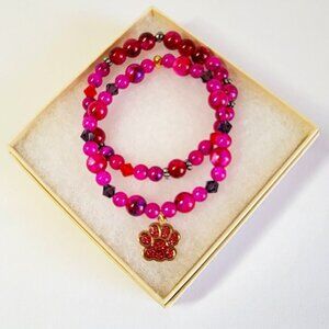2-Pink Beaded Bracelet set with a Pink Dog Paw Charm, Size M